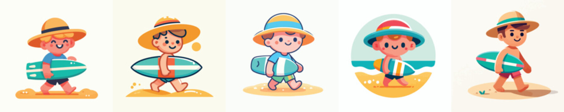 vector of a little boy walking carrying a surfboard