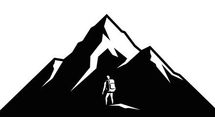 A lone hiker stands before a towering mountain peak ready for adventure. © Awaludin