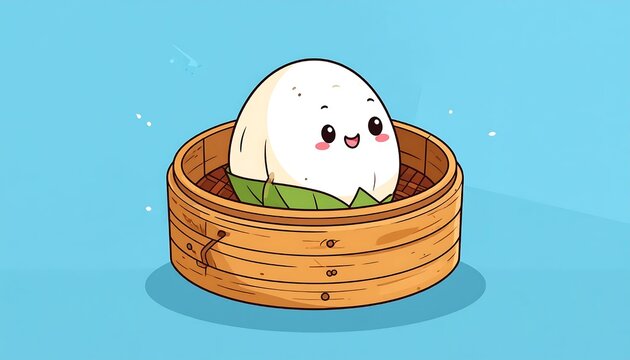 Cute cartoon bun in steamer basket.