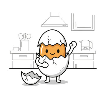 Happy cartoon egg character hatching from its shell in kitchen.