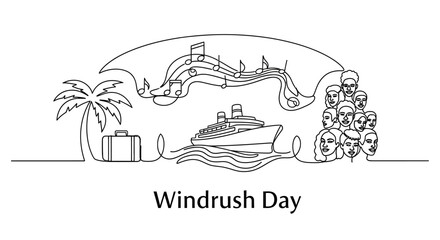 Naklejka premium Windrush Day Celebration: Cruise Ship, Palm Tree, Music Notes, and Diverse People Line Art