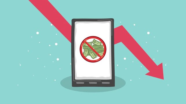 Declining finances shown on a smartphone screen with a red arrow indicating downturn.