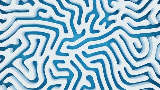 Abstract white turing pattern animation moving over blue background in organic motion.