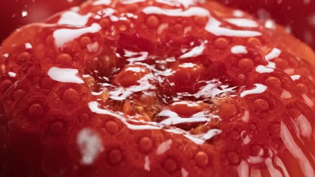 A close up of a red strawberry with water splashing on its surface