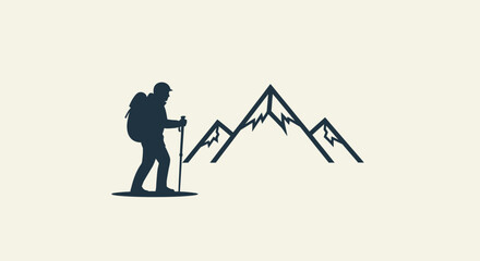 Fototapeta premium Minimalist Silhouette of a Hiker with Backpack and Trekking Poles Against Mountain Peaks.
