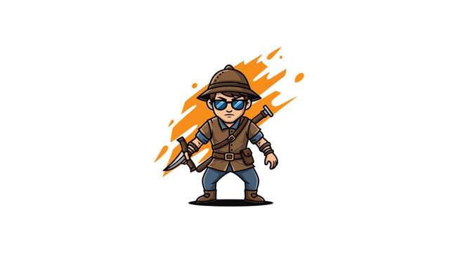 Brave cartoon adventurer with crossbow and safari hat.