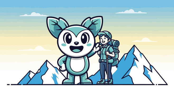Cute cartoon character and hiker standing together.