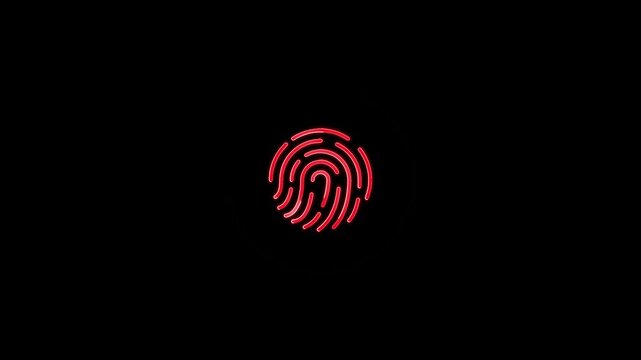 Red glowing fingerprint scan animation on black background biometric security access concept