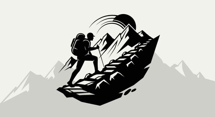 Determined Hiker Ascending Mountain Peak with Sun in a Striking Silhouette. © Haroh