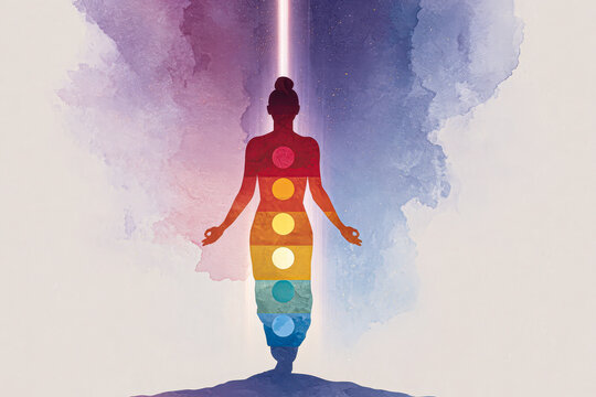 Watercolor silhouette of a person meditating with seven chakras energy points and a vertical beam of light, symbolizing spiritual healing, mindfulness, and yoga practice.