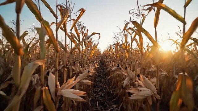 A golden cornfield during sunset with dry stalks and a clear path forward