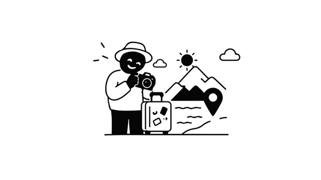 Animated line illustration featuring people on summer vacation in nature with icons of mountains, sea, suitcase, camera, location pin.
