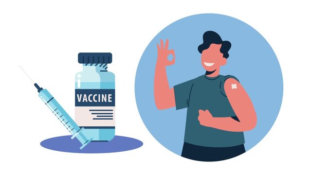 Animated healthcare concept featuring vaccinated man with plaster on arm and medical vaccine vial with syringe.