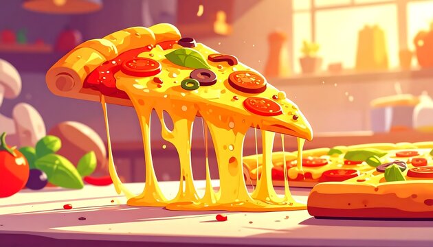 Delicious melting cheese pizza slice closeup.