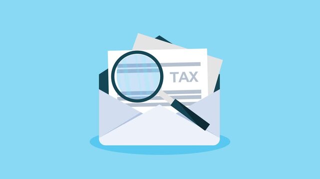 Animated tax document inside envelope with magnifying glass examining details.