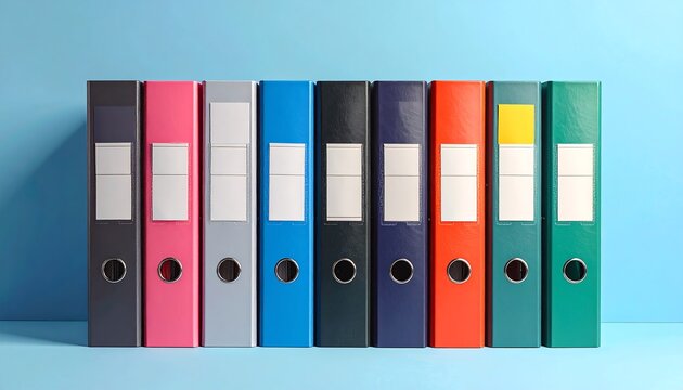 A row of colorful, upright binders. Each is a different shade, with a blank label. They stand against a pastel blue backdrop