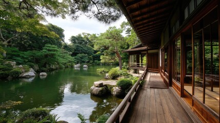 Fototapeta premium Serene Garden View with Tranquil Water and Lush Greenery, Featuring Wooden Deck, Rock Formations, and Peaceful Atmosphere in Japanese-Inspired Landscape
