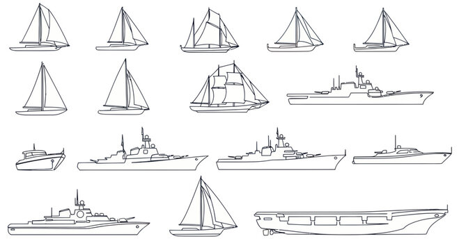 Collection of Sailboats and Warships Line Art Illustrations