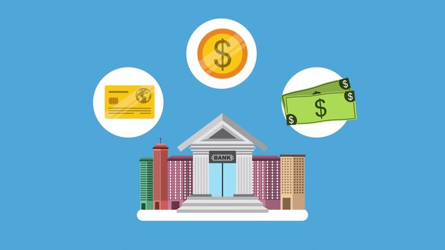 Animated graphic showing bank building with coin credit card and banknotes in circles surrounding it.