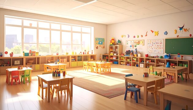 empty classroom with wooden desks chairs.