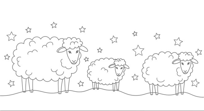 Three fluffy sheep and stars, line art illustration for coloring, cute farm animals