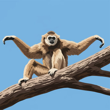 Vector illustration of a white-handed gibbon, Hylobates lar, perched on a thick tree branch with arms extended laterally for balance against a solid clear blue sky background.