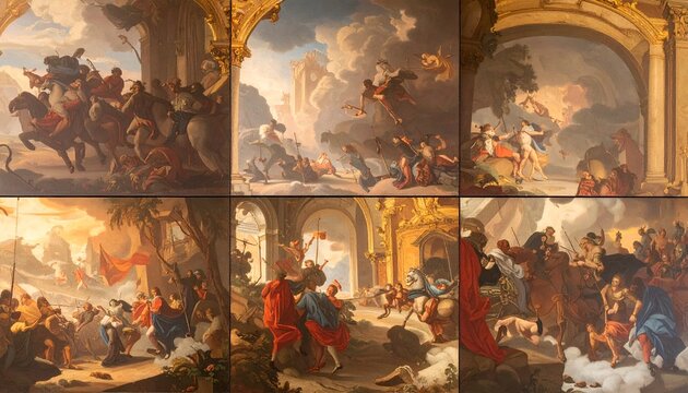 Series of historical paintings depicting biblical scenes and classical architecture.