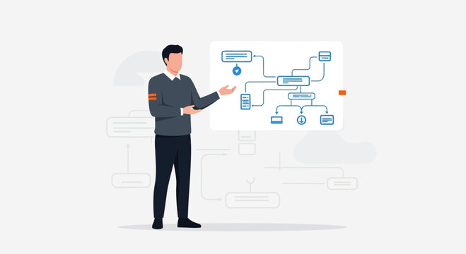 Businessman presents flowchart, flow diagram, strategy, planning, process, solution