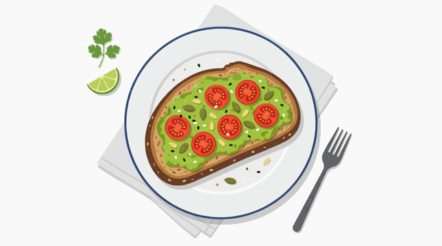 Avocado toast with cherry tomatoes and seeds on whole grain bread with lime and cilantro garnish