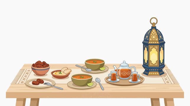 Ramadan Iftar Meal with Dates Hummus Soup Tea and Lantern