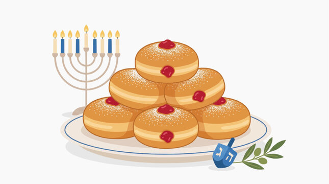Hanukkah celebration with sufganiyot doughnuts menorah and dreidel