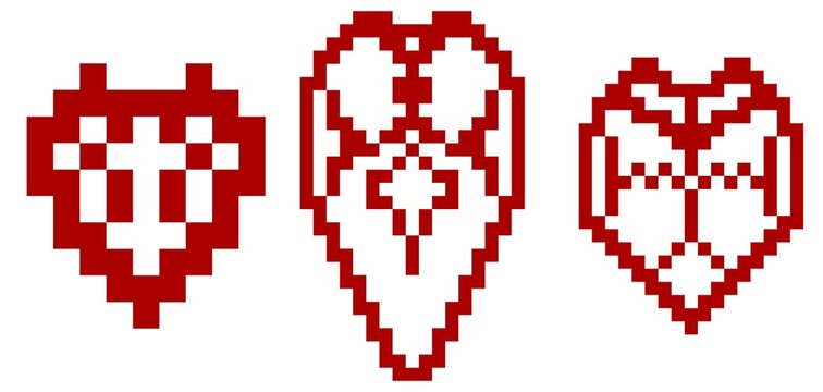 et of three red pixel art heart icons. Retro 8-bit style geometric Valentine's Day elements isolated on white