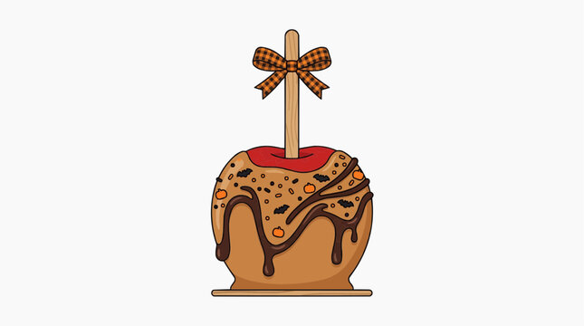 Halloween caramel apple with chocolate drizzle and festive bow