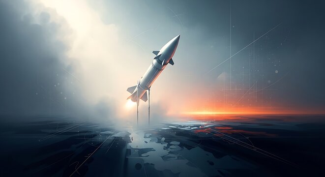 Futuristic rocket launch against dramatic sky