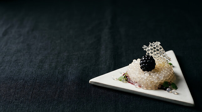Exquisite tapioca pudding dessert with fresh blackberry and intricate sugarwork, beautifully presented