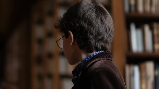 Young boy with glasses exploring knowledge in a cozy library setting