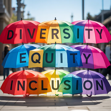 Colorful umbrellas with diversity equity inclusion text emphasizing clean environment and eco-friendly concepts