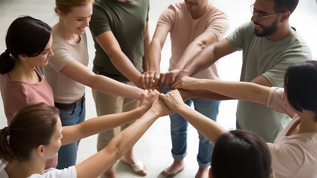 diverse people joining hands in circle for culinary showcases and restaurant branding