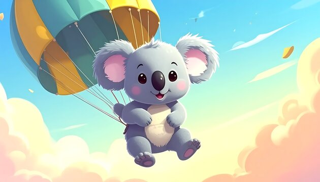 Koala flying with colorful parachute outdoors.