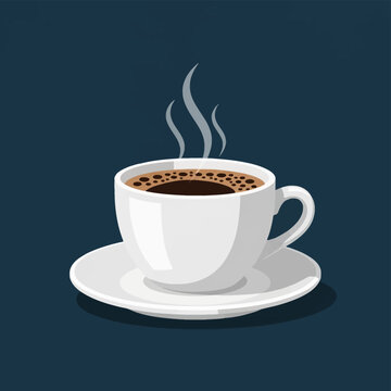 Vector illustration of a white ceramic coffee cup and saucer filled with hot black coffee and bubbles, featuring rising steam wisps, isolated on a dark blue background.
