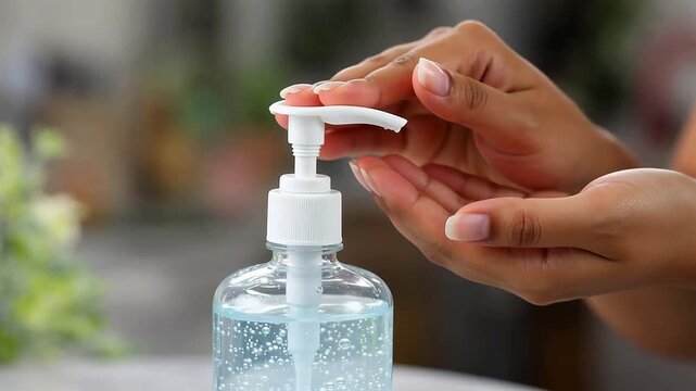 Hands using hand sanitizer from pump bottle highlighting geometric patterns and contemporary art