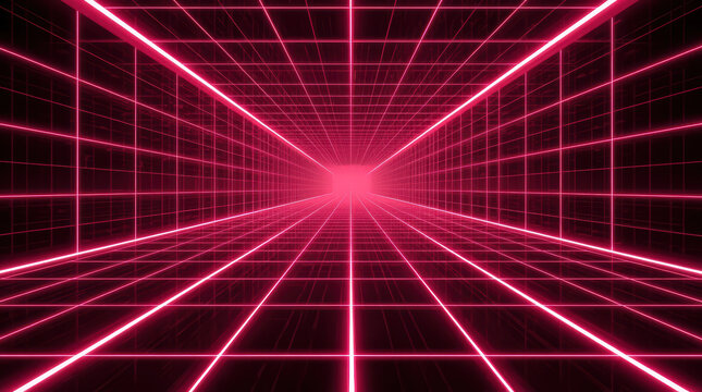 Neon grid tunnel vanishing point glowing magenta perspective retrofuturistic digital space