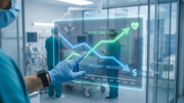 Doctor interacting with a futuristic holographic interface displaying healthcare analytics showing improved patient care quality and reduced costs