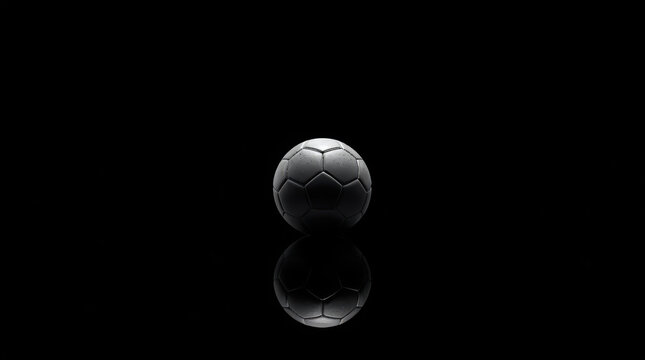 Minimal illuminated soccer ball with reflective shadow on black surface conveying calm focus