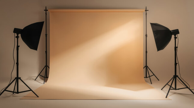 Beige seamless paper backdrop with two softbox lights and stands creating warm studio lighting
