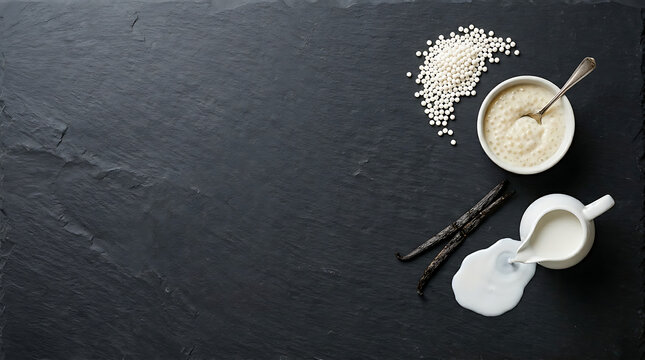Raw ingredients for a delightful and creamy homemade tapioca pudding on a dark slate background
