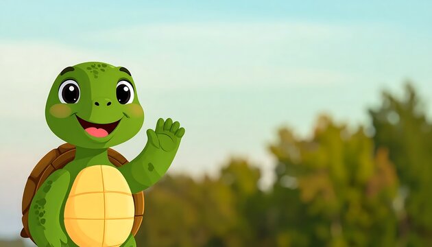 Smiling turtle cartoon character waving happily.
