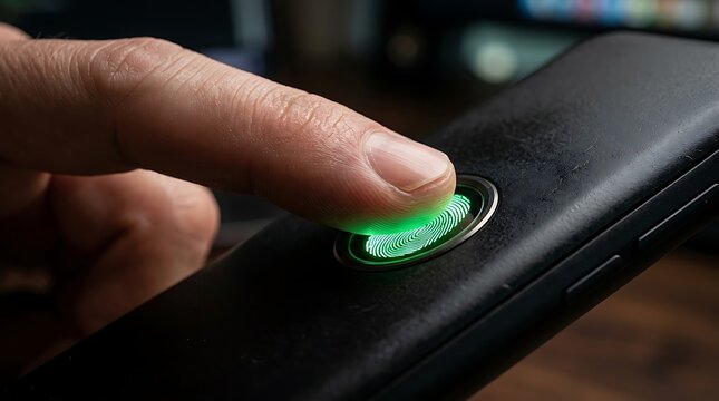 Close up of a finger pressing a green illuminated fingerprint scanner on a black smartphone for biometric authentication and security