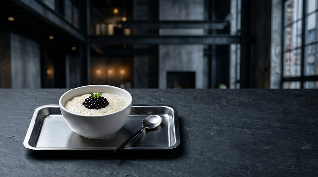 Delicious tapioca pudding with caviar topping on a metal tray