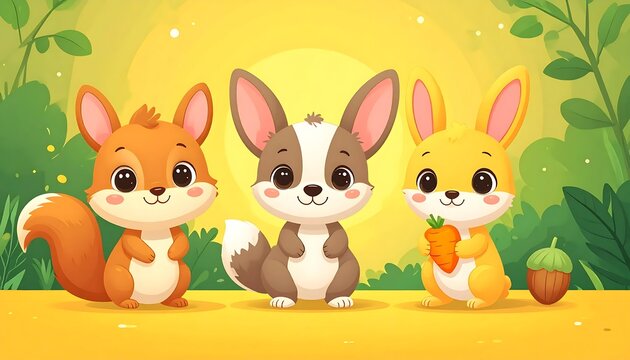 Three cartoon rabbits and squirrel sitting.